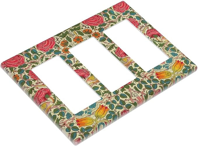 William Morris Roses Floral Triple Rocker Light Switch Cover VintageTulip Flower Plant Bird 3 Gang Rocker Outlet Covers Decorative Electrical Wall Plate for Country Bedroom Home Decor