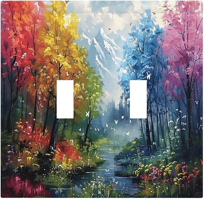 Colorful Forest Snow Mountain River Oil Painting Style Decorative Switch Plates 2 Gang Double Toggle Outlet Light Switch Cover Wall Plate Electrical Faceplate for Bedroom Living Room Decor