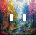 Colorful Forest Snow Mountain River Oil Painting Style Decorative Switch Plates 2 Gang Double Toggle Outlet Light Switch Cover Wall Plate Electrical Faceplate for Bedroom Living Room Decor