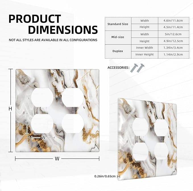 Luxurious Marble Abstract White Gold Tile Modern Simplicity Outlet Covers 2 Gang Double Duplex Decorative Light Switch Covers Electrical Wallplates Socket Faceplate for Bathroom Kitchen Decor