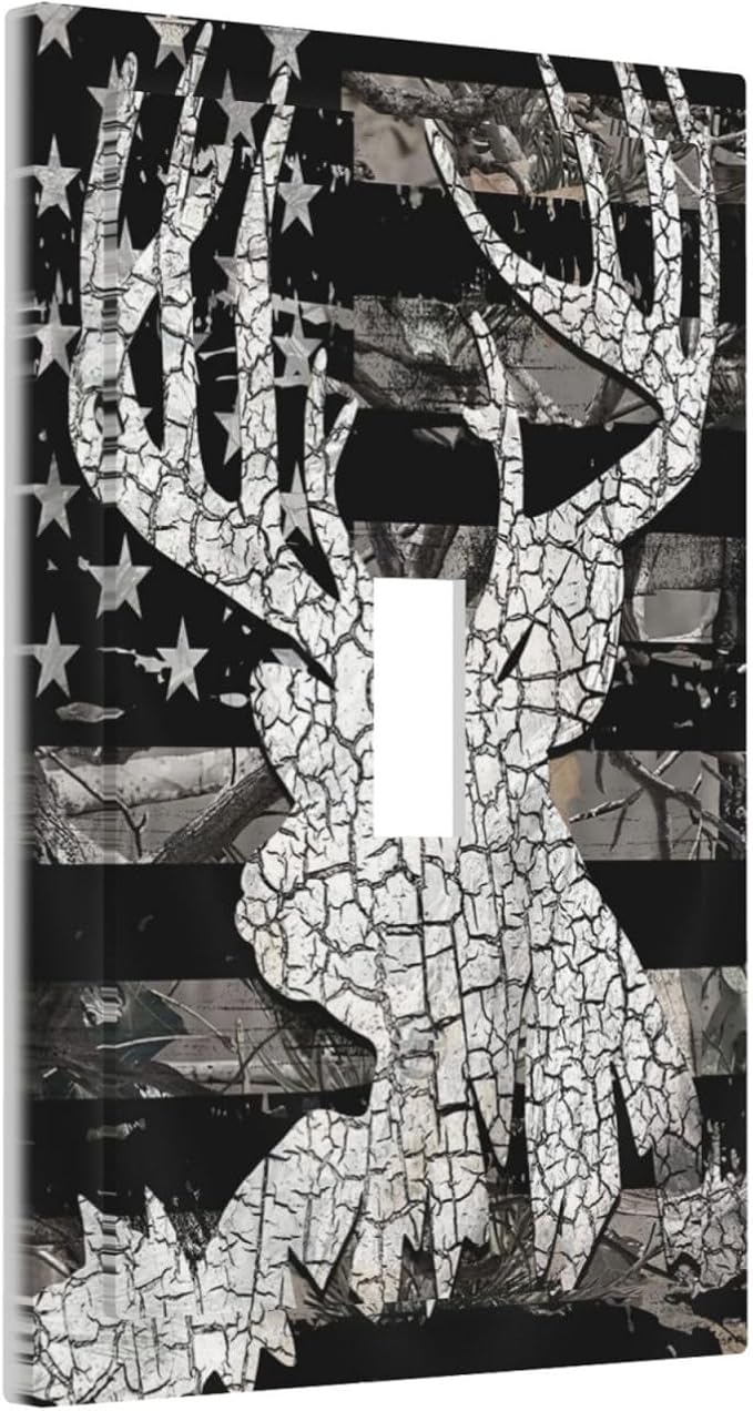 Black Usa Country American Flag Autumn Hunting Leaves Deer Antler Elk 1-Gang Device Single Toggle Outlet Light Switch Wall Plate Covers Electrical Midway Size Faceplate Decorative Switchplate