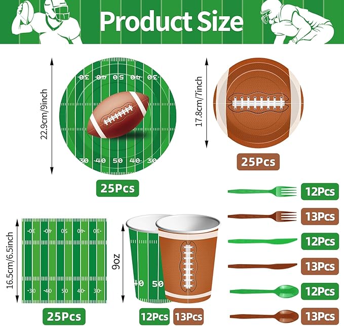 175 Pcs Football Tableware Set - Serves 25, Football Themed Disposable Plates, Cups, Napkins, Forks, Spoons, Knives for Game Events Birthday Party Supplies, Sports Holiday Gathering
