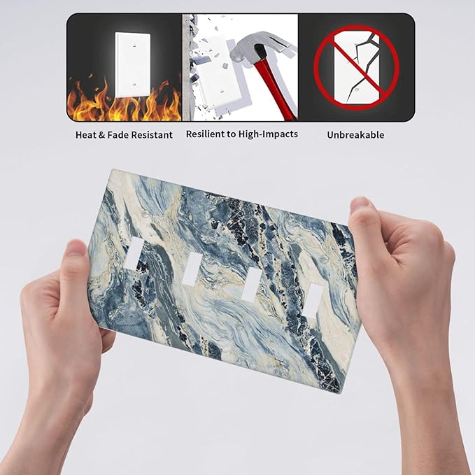 Light Switch Covers Blue Grey Marbling Modern Abstract Design Quad Toggle 4 Gang Wall Plate Electrical Faceplate Decorative Switch Plates for Bedroom living Room Decor