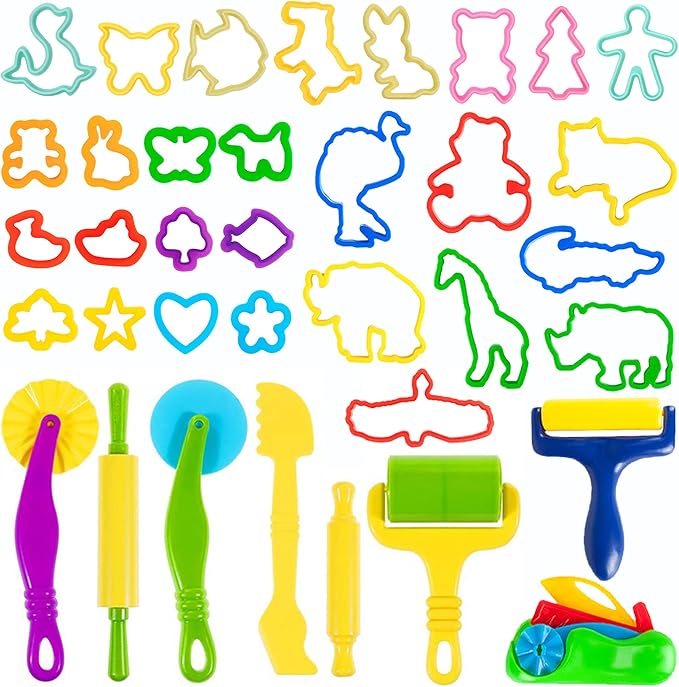 36-Piece Dough Tool Set for Kids Ages 3-8 – Includes Animal Cutters, Rolling Pins, Rollers, Random Colors