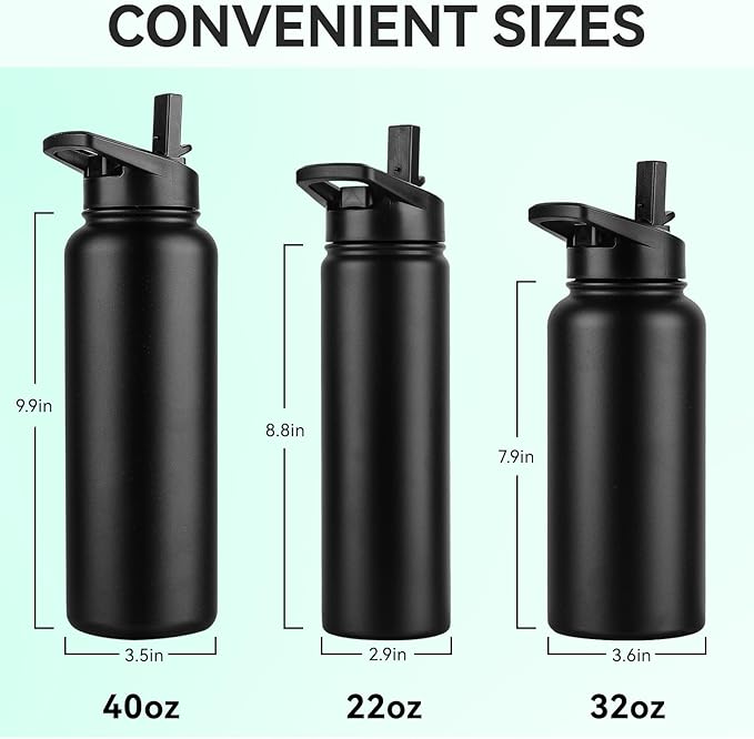 DOMICARE 40 oz Insulated Water Bottle, Vacuum Insulated Stainless Steel Sports Water Bottle with Straw Lid & Spout Lid, Leakproof, Reusable - Travel, Camping, Bike, Black