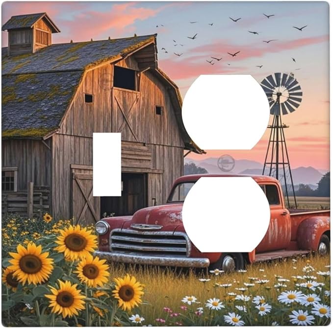 Rustic Barn Red Truck Windmill Sunflower Wallplates 1 Toggle 1 Duplex Switch Plate Electrical GFCI Faceplate Decorative Light Switch Covers for Farmhouse Home Decor