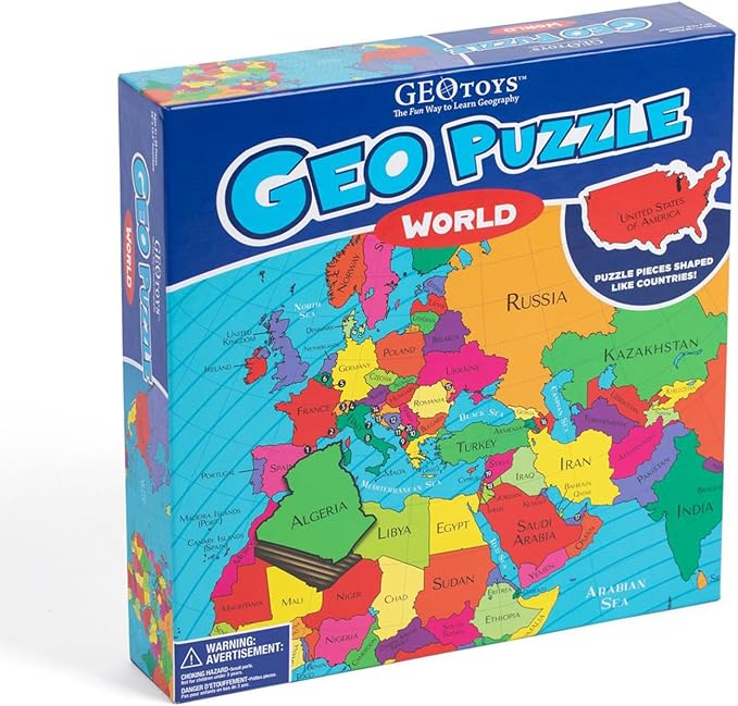 GeoToys GeoPuzzle, World Jigsaw Puzzles, 68 Pc Geography Game & Map Puzzle, Educational Games & Kids Learning Activities, Puzzle Gifts for Children Ages 6-9, Fun Learning Toys for Kids