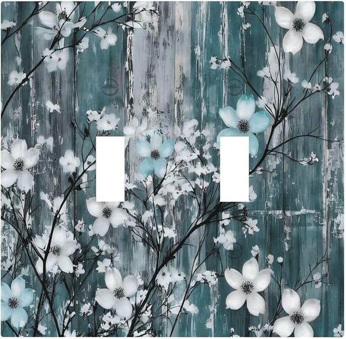 Rustic Blue Watercolor Flower Wooden Background Decorative Switch Plates 2 Gang Double Toggle Outlet Light Switch Cover Wall Plate Electrical Faceplate for Bedroom Living Room Decor