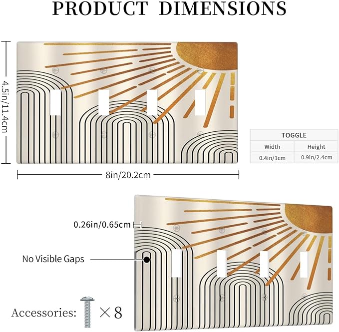 Mid Century Beige Boho Abstract Sun Vintage Arch Quad Toggle Light Switch Covers Decorative 4 Gang Wall Plate Electrical Faceplate Switchplate for Country Bathroom Bedroom Decor