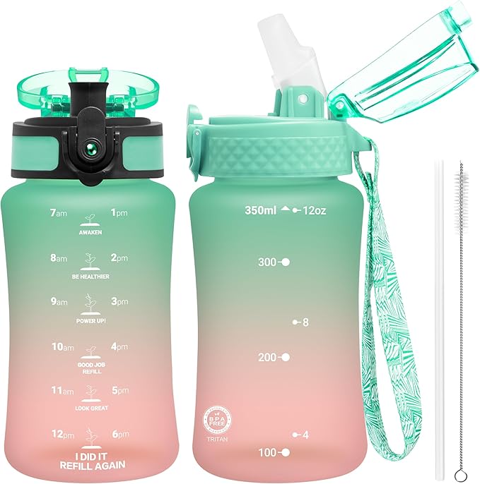 OLDLEY Kids Water Bottle for School, 12 oz (2 lids) BPA-Free Reusable Leak-proof Durable Tritan Plastic Water Bottles with Straw & Chug Lids, Anti-dust Spout Cover (Tulips)