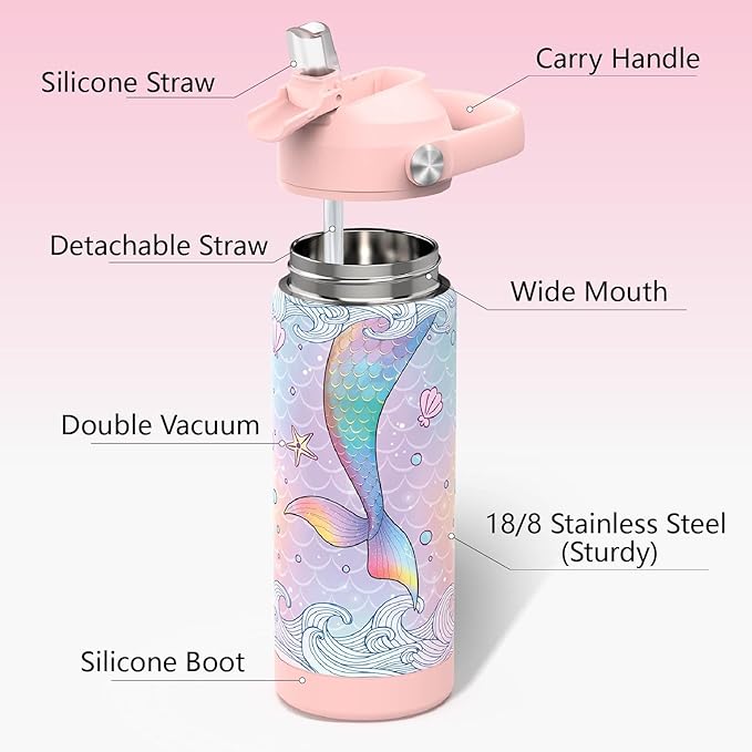 Kids Water Bottle with Straw,18 oz Boys Insulated Cups with Stainless Steel Leak Proof for School Boys Girls,Sport&Travel（Pink）