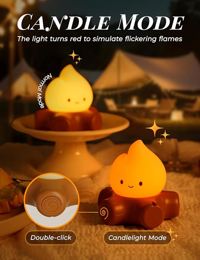 Chibi Campfire Night Light, Silicone, LED Flickering Flame Lights, Dimmable, Rechargeable Bedside Nightlight, Anime Kawaii Lamp Décor