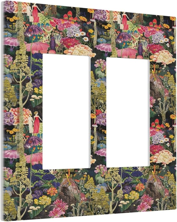 Dreamy Tropical Rainforest Colorful Mushroom Wildflower Decorative Outlet Covers 2 Gang Double GFCI Rocker Electrical Wall Panels Light Switch Cover Plate for Farmhouse Kids Room Decor