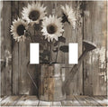 Rustic Floral Country Sunflower Daisy Old Wooden Boards Decorative Switch Plates 2 Gang Double Toggle Outlet Light Switch Cover Wall Plate Electrical Faceplate for Farmhouse Home Decor