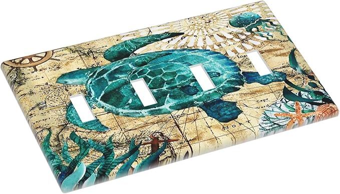 Nautical Ocean Map Tortoise Turtle 4 Gang Device Light Switch Cover Decorative Quad Toggle Wall Plate Decorative Electrical Faceplate for Home Bedroom Art Decorate