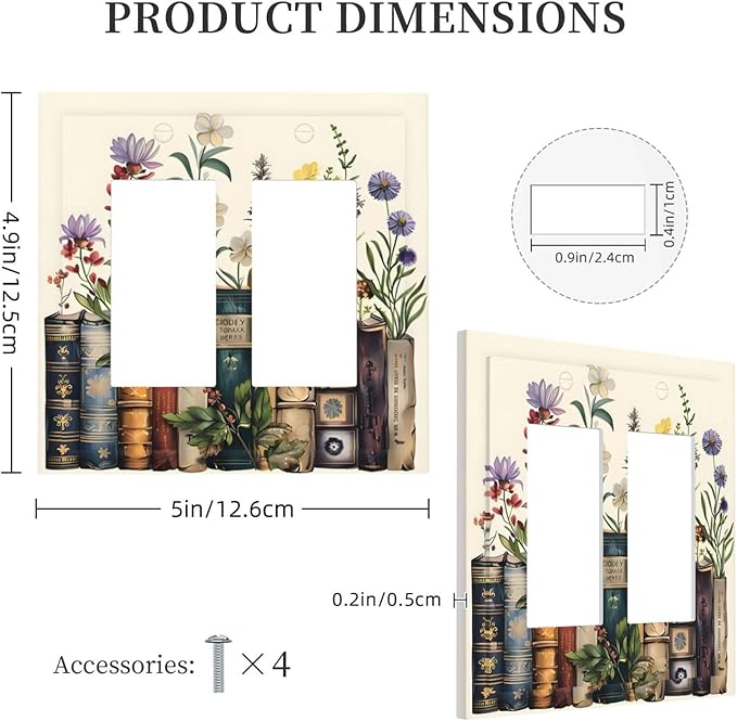 Plant Floral Books Colorful Flower Decorative Outlet Covers 2 Gang Double GFCI Rocker Electrical Wall Panels Light Switch Cover Plate for Kids Room Bedroom Decor