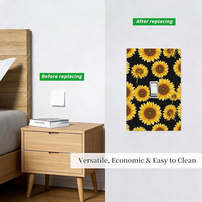 Sunflower Fields 1-Gang Toggle Light Switch Plate, Vibrant Sunflower on Black Boho Sunny Garden Decorative Wall Plate for Bedroom Decor