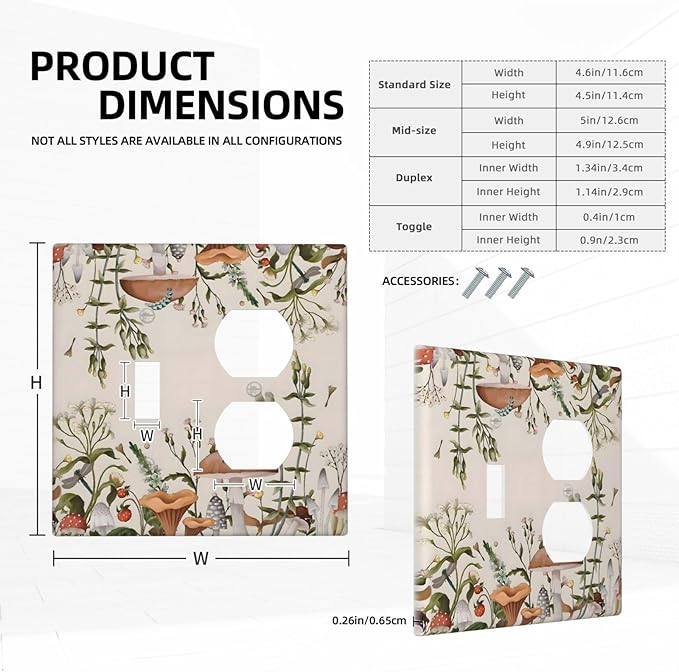 Boho Mushroom Forest Plants Wildflowers Insects Wallplates 1 Toggle 1 Duplex Switch Plate Electrical GFCI Faceplate Decorative Light Switch Covers for Kids Room Home Decor