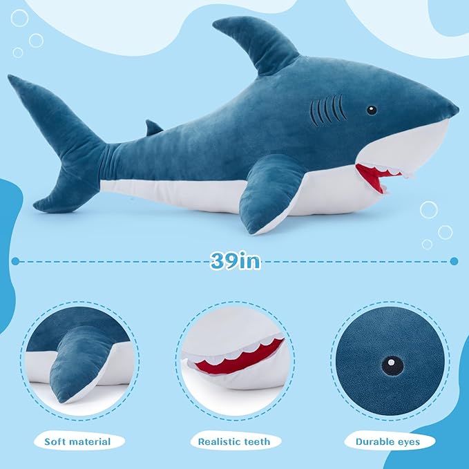 MorisMos 39inch Giant Shark Stuffed Animal, Large Stuffed Shark Plush Toys Pillow Gift for Kids Girlfriend, Blue