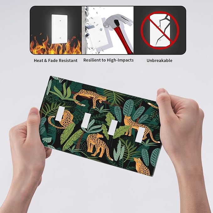Jungle Cheetah Tropical Wildlife Leopard Green Palm Leaf Light Switch Covers Quad Toggle Electrical Faceplate 4 Gang Wall Plate Decorative Switch Plates Cover for Farmhouse Home Decor