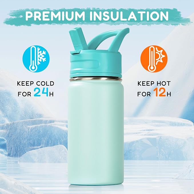 Fijinhom 12oz Kids Water Bottle for School, Toddler Bottles with Straws, Stainless Steel Vacuum Insulated Water Bottle for Boys&Girls, Leak-Proof, BPA-Free, Serenity