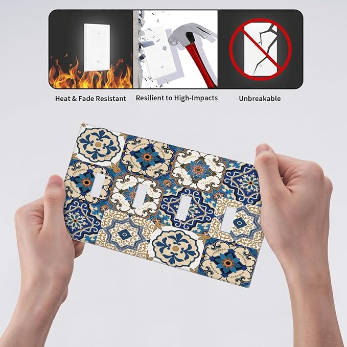 Light Switch Covers Mandala Decorative Tile Talavera Moroccan Tiles Quad Toggle 4 Gang Wall Plate Electrical Faceplate Decorative Switch Plates for Bedroom living Room Decor