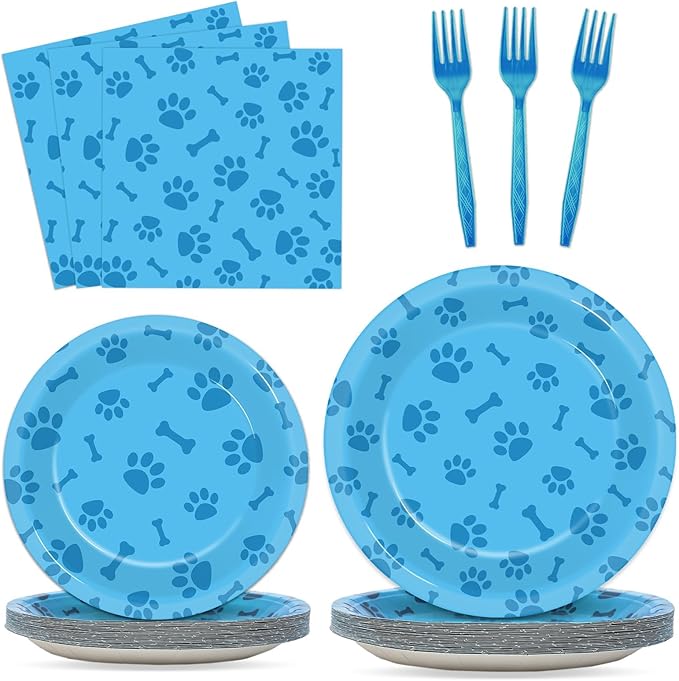 96pcs Dog Paw Prints Party Plates Napkins Dog Paw and Bone Sign Tableware Puppy Pawty Print Dinnerware Disposable Paper Plates for Kids Boy Girl Lets Pawty Birthday Baby Shower Party supplie 24 Guests