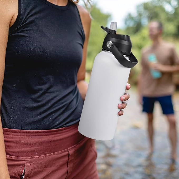 Fijinhom 32oz Insulated Stainless Steel Water Bottle, Wide Mouth Double Wall Vacuum, Silicone Straw, Sweat & Leak Proof, BPA Free Insulated Water Flask for Travel, Keep Cold 24h Hot 12h, White