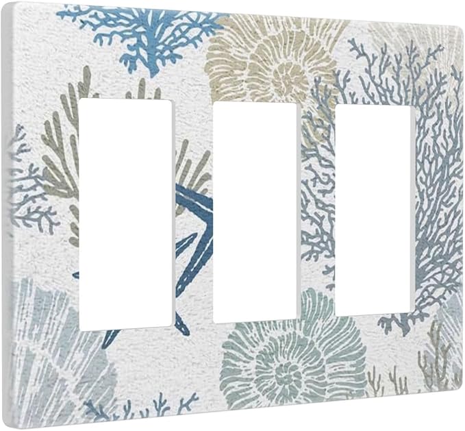 Blue Nautical Beach Coral Starfish 3 Gang Triple Rocker/Decorator Light Switch Wall Plate Cover Decorative GFCI Electrical Faceplate Switchplate Dimmer