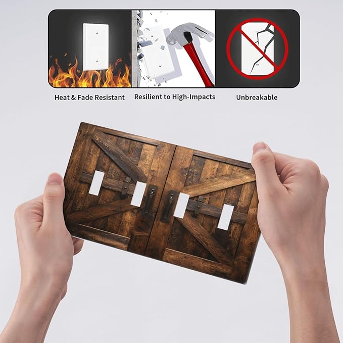 Decorative Light Switch Cover Plate Retro Brown Wood Barndoor 4 Gang Wall Plates for Electrical Quad Toggle Switch Plate Covers Outlet Covers Faceplate for Farmhouse Home Decor