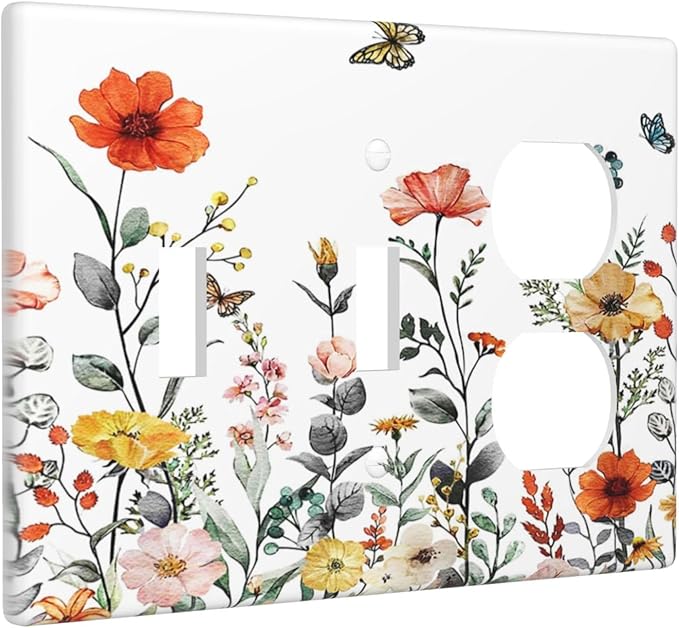 Colorful Butterfly Blossom Flower Floral 3-Gang 2-Toggle 1-Duplex Receptacle Combination Light Switch Decorative Triple Combo Device Switches/Rocker Outlet Covers and Wall Plate