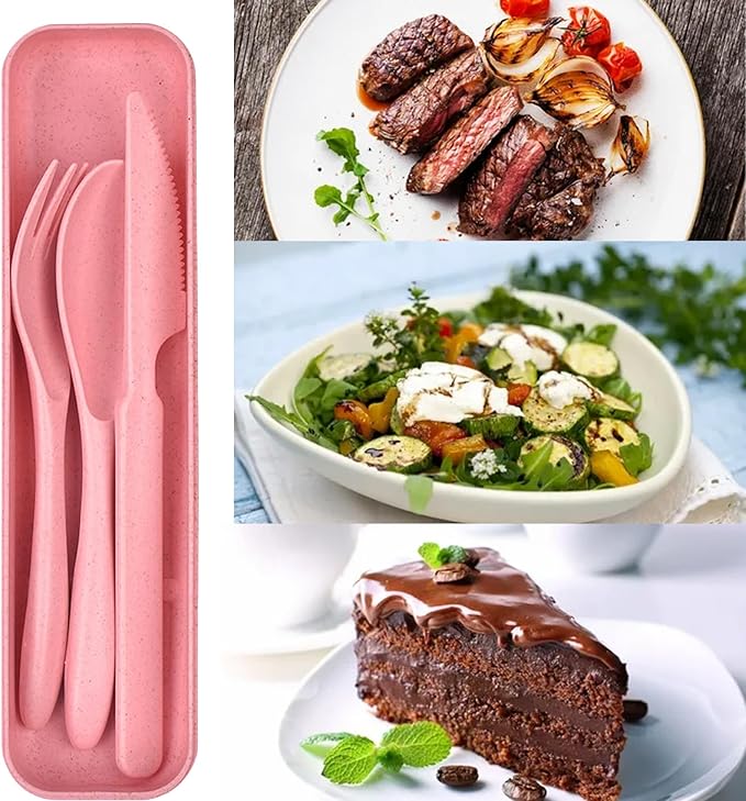 4 Sets Wheat Straw Utensils Reusable Travel Utensils Set,Portable Cutlery Set with Case Spoon Knife Fork Tableware Lunch Box Bulk for Adults Travel Picnic Camping Utensils Gifts (Pink)
