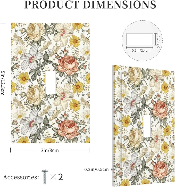 Multicolor Peony Daisy Vintage Floral Flower Decorative Light Switch Cover 1 Gang Single Toggle Device Electrical Faceplate Switchplates Decorator Outlet Wall Plate for Bedroom Living Room Decor