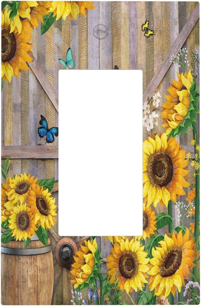 Rustic Sunflower Barn Door Country Wood Plank Butterfly 1 Gang Rocker Light Switch Covers Decorative Single Decora Outlet Wall Plate Faceplate Switchplate GFCI for Farmhouse Bathroom Bedroom Decor
