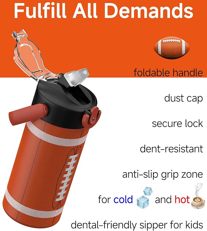 MYFOREST 14oz/400ml Insulated Kids Water Bottle, Odor-Free Surgical Grade Liner, Dishwasher-Safe, Name Spot, Soft Sipper, Gift for Sports Fan (American Football 2)