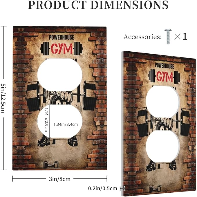 Vintage Gym Retro Brick Dumbbell Muscular Man 1 Gang Outlet Plate Duplex Decorative Art Outlet Covers Electrical Receptacle Lightswitch Faceplate Dimmer for Bedroom Boyroom Bathroom Decor