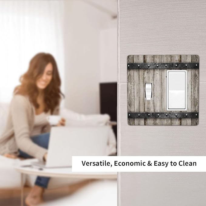 Western Barn Rustic Vintage Brown Grey Wood 2 Gang Combo Device 1-Toggle 1-Decorator/GFCI Combo Outlet Light Switch Cover Kitchen Cabin Retro Wooden Combo Two Gang Combination Rocker Wall Plate
