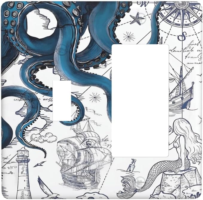Nautical Vintage Map Octopus Mermaid Lighthouse Boat Outlet Covers 1 Toggle 1 Rocker Combination Decorative Wall Plate Electrical Switch Plates Light Switch Cover Plate for Bathroom Kids Room Decor