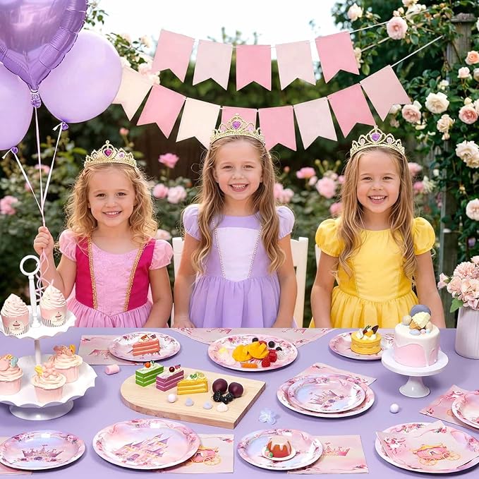 WERNNSAI Princess Party Decorations - 48PCS Princess Birthday Decorations Set Includes Plates Napkins Castle Crown Design for Pink Themed Birthday Party Picnic Wedding Serves 16 Guests