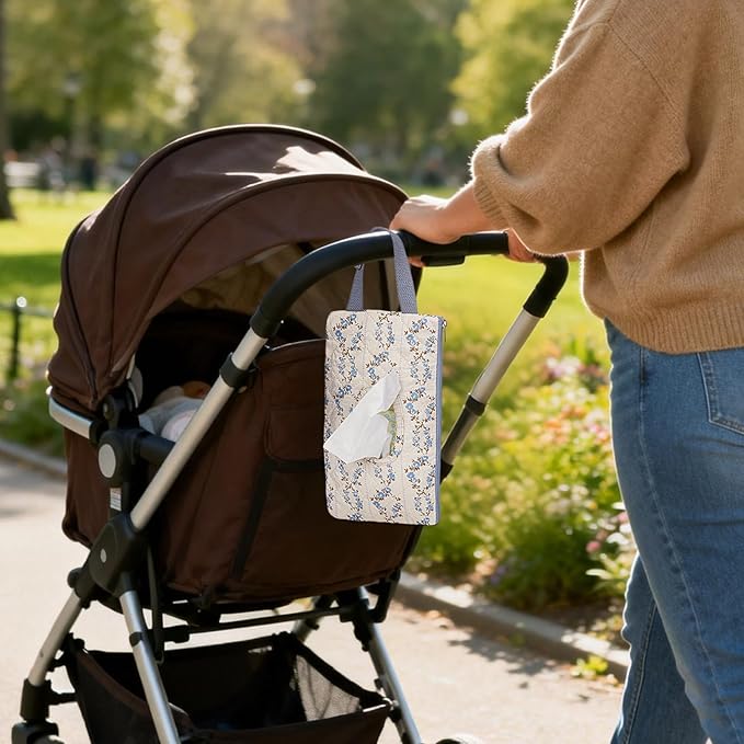 Quilted Baby Wipe Holder Quilted Wipe Pouch Portable Hanging Floral Wet Wipes Bag for Car, Stroller