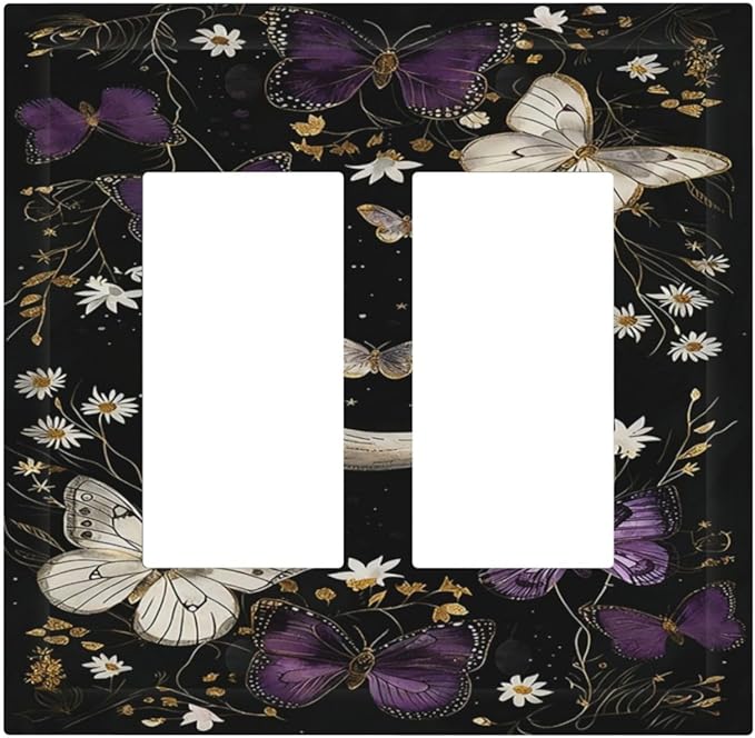 Decorative Outlet Covers Boho Crescent Moon Butterfly 2 Gang Double Rocker Light Switch Cover Plate Electrical Switch Plate Cover Decorate GFCI Wall Plate for Bedroom Home Decor