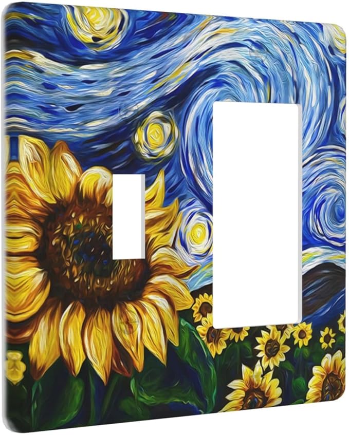Vintage Abstract Blue Starry Sunflower 2 Gang Single Toggle Rocker Combination Light Switch Covers Wall Plate Cover Electrical Faceplate Decorative Switchplate for Farmhouse Country Bedroom Decor