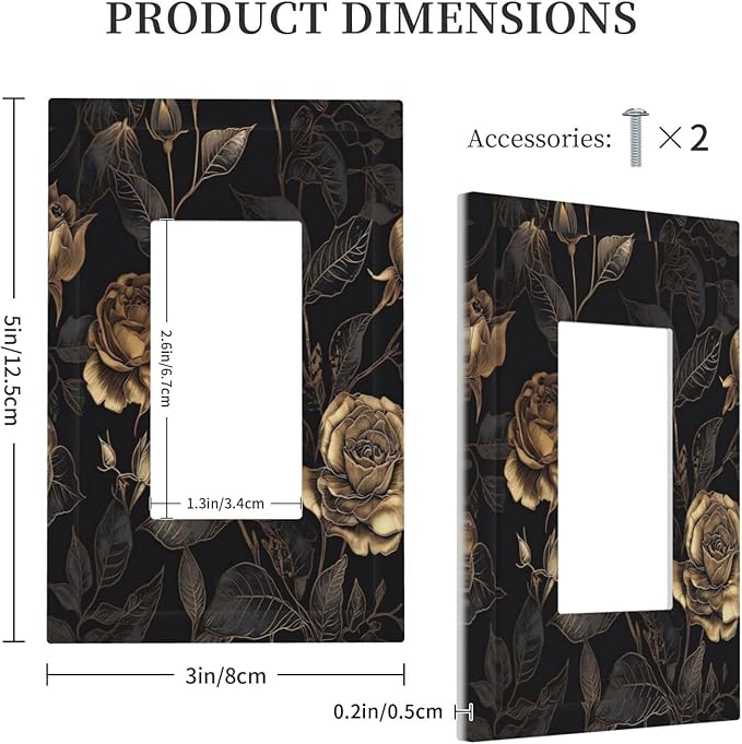 Black Floral Dark Vintage Gold Rose Flower Decorative Outlet Covers 1 Gang Single Rocker Light Switch Cover Plate Wall Plates GFCI Faceplate for Bedroom Living Room Decor