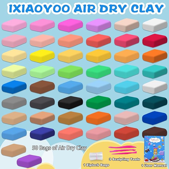 Ixiaoyoo Air Dry Clay, 50 Colors Modeling Magic Clay for Kids, Soft & Non-Sticky, Creative DIY School Arts & Crafts Kit, Home Party Favors, Toys Gifts for Age 3 4 5 6 7 8+ Years Old Boys Girls Kids