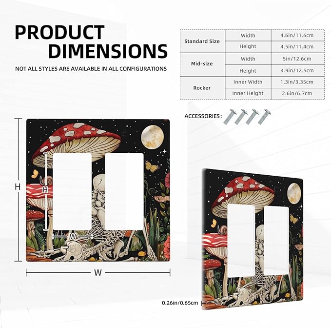 Mushroom Skull Skeleton Moon Star Plants Flora Light Switch Cover Double Rocker Wall Plate 2 Gang Decorative Gfci Electrical Switchplate Home for Bathroom Bedroom Kitchen Decor 4.6"X4.5"