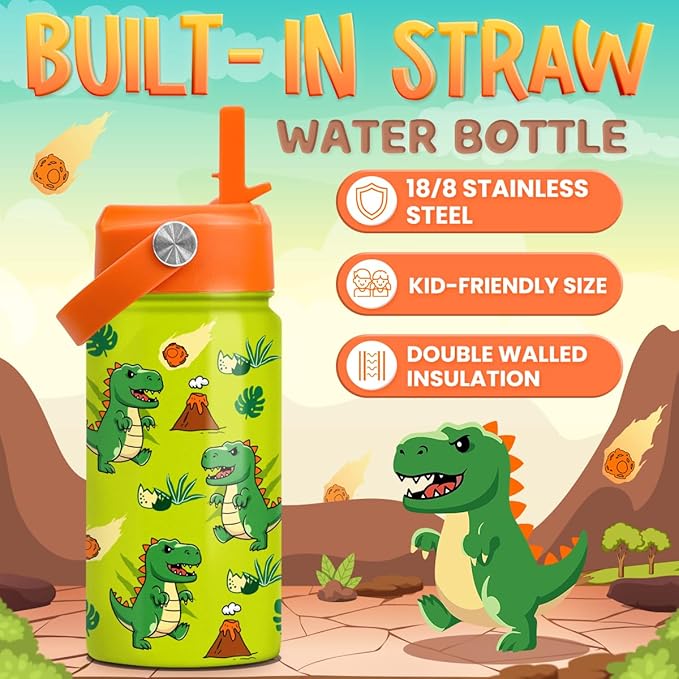 Dinosaur Water Bottle - Water Bottle with Straw Lid for Kids - 12 Oz Insulated Stainless Steel T-Rex Bottles for Kid Boys - Travel Cup for School Sports