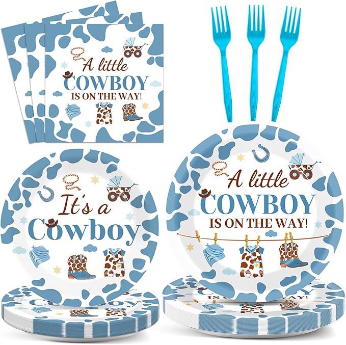 OBUSATT 96 Pcs Western Cowboy Baby Shower Paper Plates and Napkins Party Supplies Western Birthday Tableware Set A Little Cowboy is on the Way Party Decorations Favors for Boys Baby Shower Serves 24