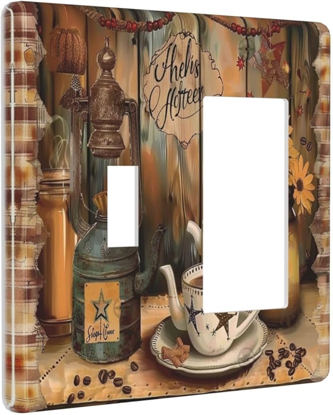 Decorative Outlet Covers Vintage Coffee Pot Star Farmhouse Wood Plank 2 Gang 1 Gang Wall Plate Single Toggle Rocker Device Combination Light Switch Cover Plate Jumbo Switch Plate Cover