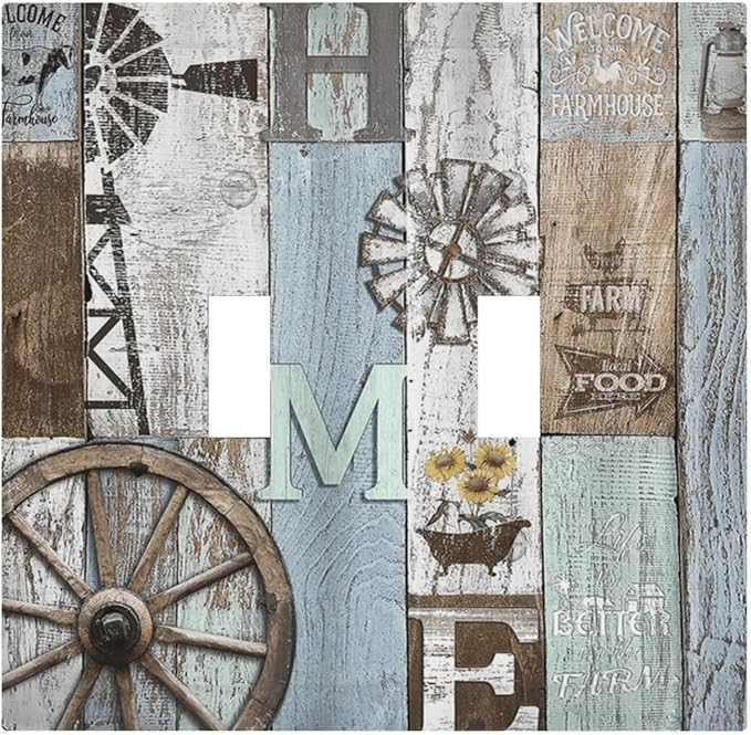 Rustic Western Barn Door Vintage Windmill Decorative Switch Plates 2 Gang Double Toggle Outlet Light Switch Cover Wall Plate Electrical Faceplate for Farmhouse Home Decor