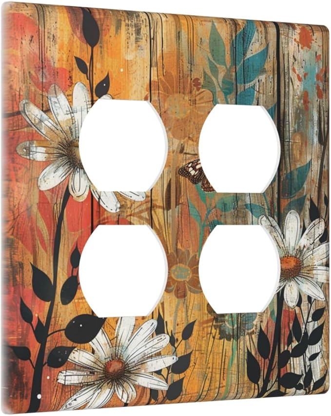 Decorative Outlet Covers Vintage Wooden Daisies Butterflies Floral 2 Gang Decorative Switch Plate Double Duplex Wall Plates Switch Plates and Outlet Covers for Bathroom Farmhouse Decor